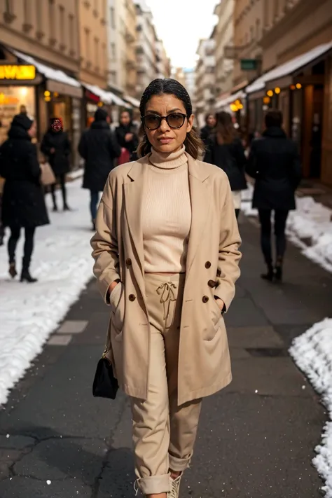 1girl with turtleneck sweater with a fit loose and draped beige high-waisted pants Long coat Made of a wool-like material,  with large lapels and open in the front Tall boots : beige color,  tight and that are extend just above the knee, on the street of S...