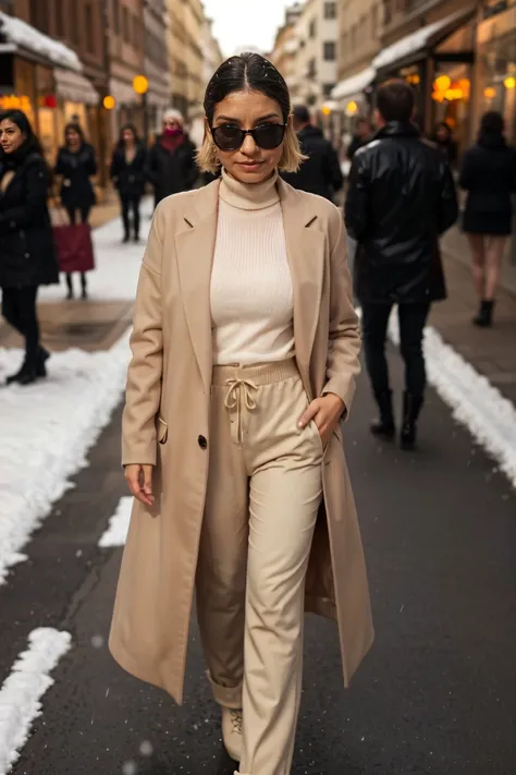 1girl with turtleneck sweater with a fit loose and draped beige high-waisted pants Long coat Made of a wool-like material,  with large lapels and open in the front Tall boots : beige color,  tight and that are extend just above the knee, on the street of S...