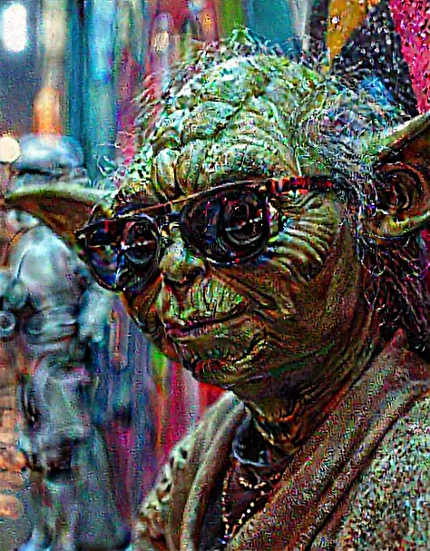 Graffiti portrait of yoda with sunglasses, graffiti art style, detailed face, highly detailed, 8k, hyperrealistic, vibrant colors, street art, urban environment, ((blurry background, 1storm trooper)) dynamic composition, gritty textures, neon lighting, Hip...