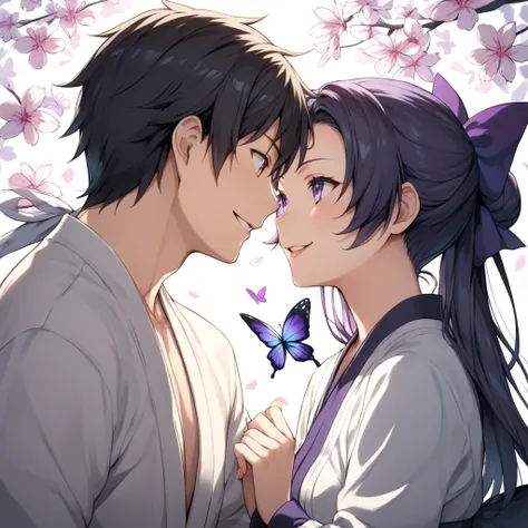  Black Haired Fighting Japanese Women　　Ant Horns 　A sharp smile　 they stare at each other　black and white kimono　Purple butterfly　Black Cat　backgroundに葉脈　Leaf　The image is in full color　The other one is a pure-looking boy with purple hair　backgroundにゴールド　b...