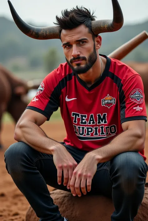   avatar type image a man ,   handsome with bull horns and bull's tail beard and mustache black eyes .  y with short black hair and large .  tall and thin white skin has some muscles he has a ball shirt in red and black with letters that say Team Lupillo a...