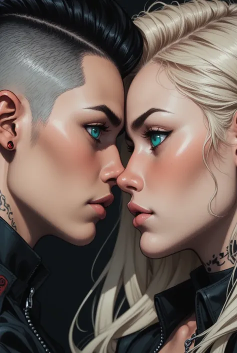  Take me a close-up of a man and a woman ,  both are punks and have detailed hairstyles ,  the man has an undercut hairstyle and his hair is black and white and the woman Does blonde have long hair with black strands, Both are very beautiful and they face ...