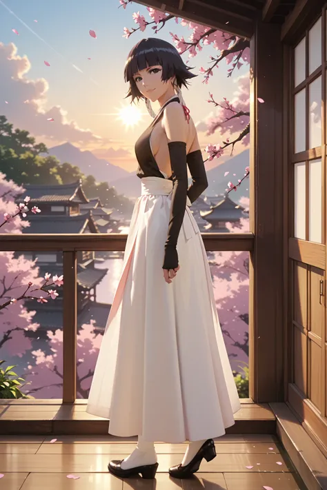 anime screencap, Soi fon from bleach, bright smile, sexy, black eyes, black hair,solo shot, portrait, petite perky breasts, cherry blossom, walkway, adult, romantic, sunset, full body shot, detailed character, detailed background, cinematic shot, beautiful...