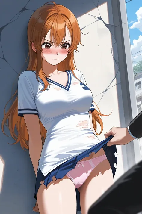 Nami, shows panties, blush, destroyed clothes