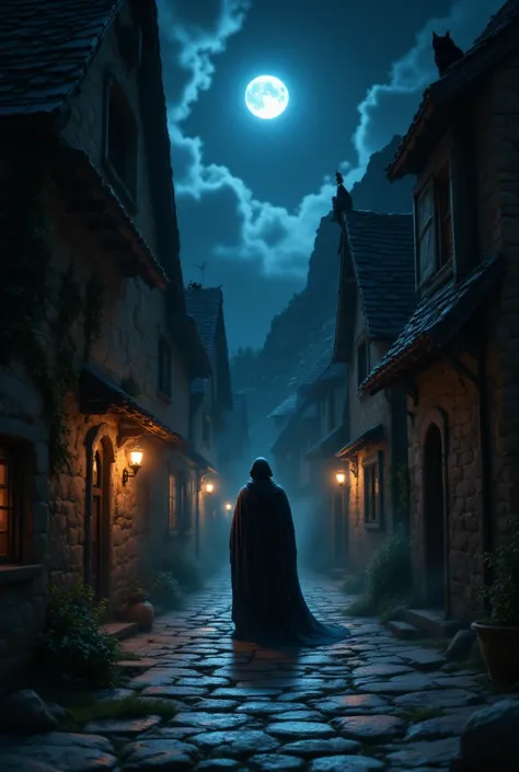 Medieval village street at night, cobblestone street with moss stains. Houses with wooden beams, some windows dimly lit. Torchlight casting flickering shadows and a full moon shining in the background. Male figure in the center, silhouetted with a long cap...