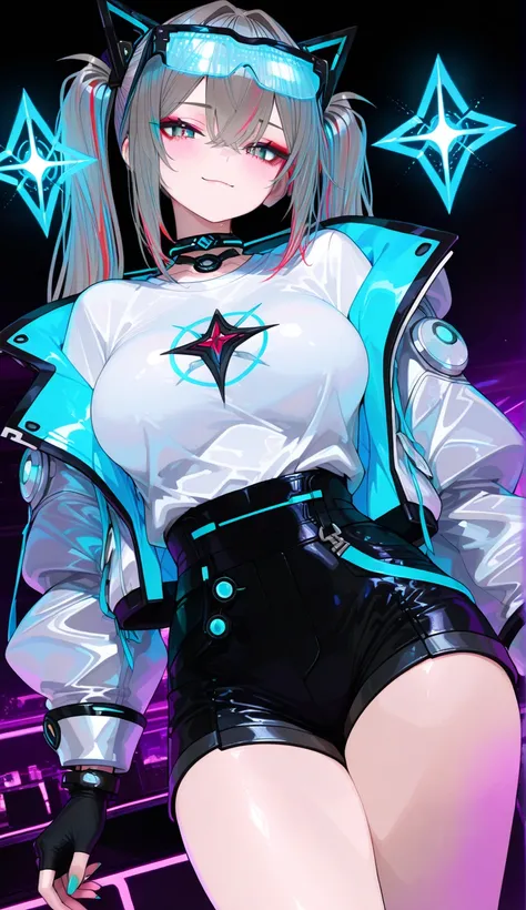 748cmstyle. fullbody, twintails, A stylish VTuber artist focused on 3D modeling, wearing a sleek futuristic outfit. big breasts. young look, smear makeup, The outfit includes a short reflective jacket with geometric patterns resembling 3D wireframes, a gra...