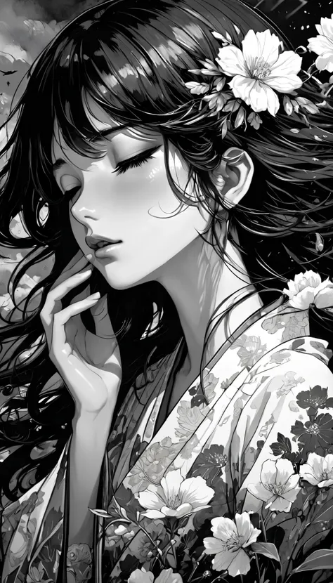 masterpiece, illustration, Japanese Anime, 1 Girl, Sexy , Floral, cloud, bird, flow, Hair covering eyes, Hair on one eye, ((( super detailed ))), Soft , Kawaii, , Sexy , Black and white image, Between the Shadows, painting, Light and Dark Contrast, ...