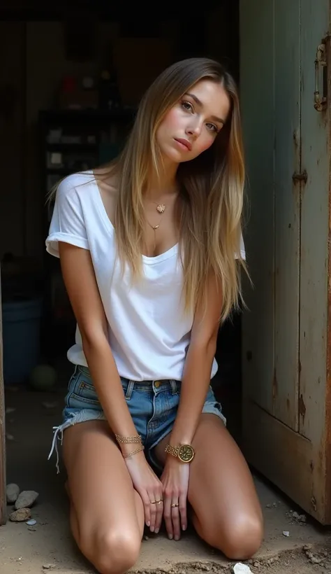 sad face (entirely visible from head to toes) straight hair french girl white brunette cute doll  face 18 years old, aux cheveux plaqués très lisses hazel châtain caucasian model, eyelash, makeup, pale beautiful casual girl shy, effrayée belle face, magnif...