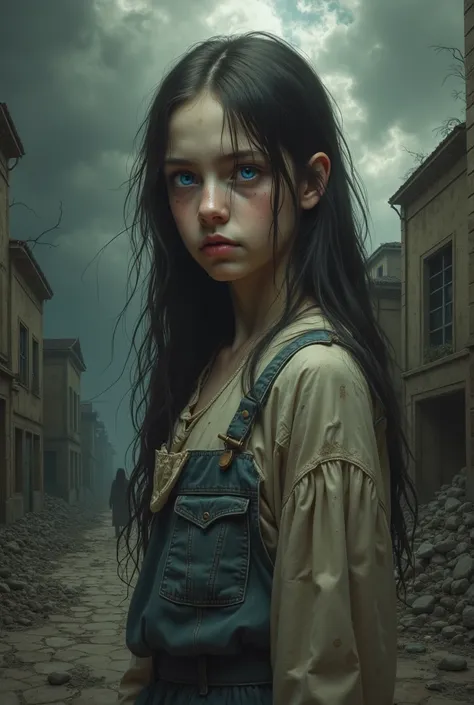  A hyperrealistic portrait of a young girl standing in a surreal and decadent world that visually represents the weight of her traumas and struggles.  Her face is detailed with deep emotion : his eyes,  slightly sunken ,  they reveal a story of pain and sa...