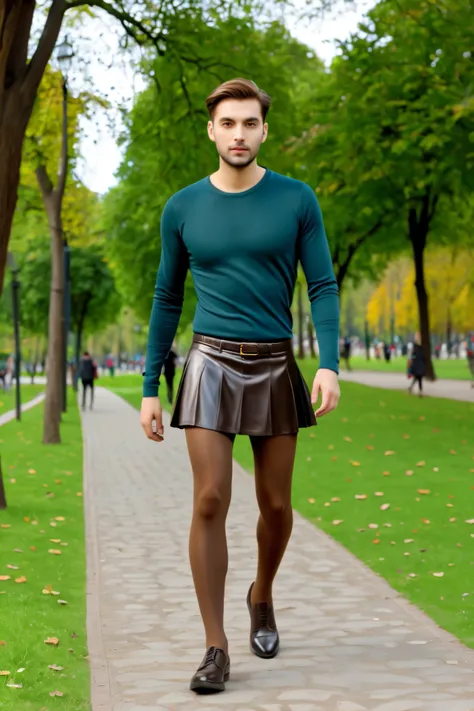 Cinema 4K, Hyper Realsitic, young male guy in medium brown shinny pantyhose and miniskirt walking in a park, pantyhose, realistic, male only, man only, tights,