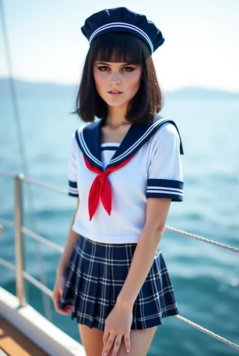 arafed woman in sailor suit posing on a boat, sexy, semi black hair, haircut, straight length, sailor uniform, blue with white, sailor clothes, at sea, female sailor uniforms, on a boat, sailor uniform with loose collar, on the bow, on a yacht at sea, plai...