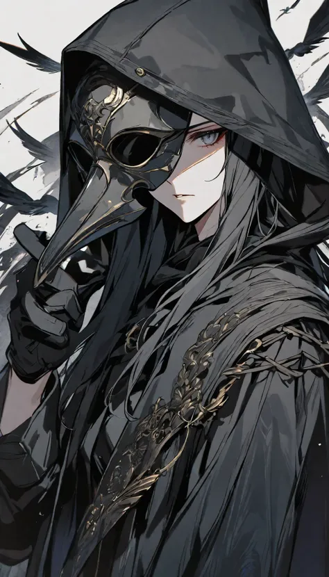 solo, handsome, 1 woman, long hair, black color hair, Gray eyes, black coat, black gloves, Holding the  black plague Crow mask in hand, Black hood, neutral expression