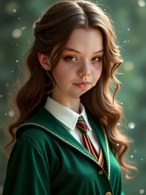 Make a feminine and pretty ager ,   light brown hair ,   small and raised nose ,  brown eyes , medium lips and wearing a slytherin uniform