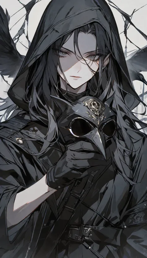 solo, handsome, 1 woman, long hair, black color hair, Gray eyes, black coat, black gloves, Holding the  black plague Crow mask in hand, Black hood, neutral expression