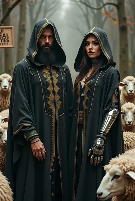 A broard good lookimg dark bearded male wesrimg a black and gold hooded gown stands facing forward . Beside him a beautiful Ai cyborg female , also hooded , she has robotic limbs and is holding a microphone! Around them are sheep wearing Tin foil jats and ...