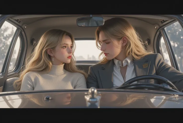   girl, sixteen years old,  driver with blond long hair and brown eyes , in a turtleneck , in the car, he gently looks at a blond Russian guy with a long hair and a suit about twenty-nine years old 