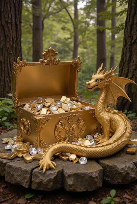 Create a realistic representation of a large golden box in the forest, filled with gold, silver, diamonds, and precious stones. Next to it is a large golden dragon with a golden crown and many gold bars, gold plates, and diamonds.