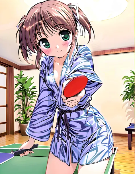 Asagiri Mai, Alone, (cowboy shot),  brown hair , short hair,  hair ribbon, twintails,  green eyes,  small breasts, (bath yukata), ( yukata is bare ), (Red cheeks:1.2), (bright smile:1.1), ( is shy), ( playing table tennis:1.1), (Hot Springs Table Tennis ),...