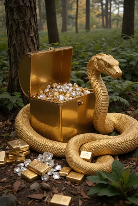 Create a lifelike representation of a large golden box in the forest, filled with gold, silver, diamonds, and precious stones. Next to it is a large golden serpent with a golden head and many gold bars, gold plates, and diamonds.