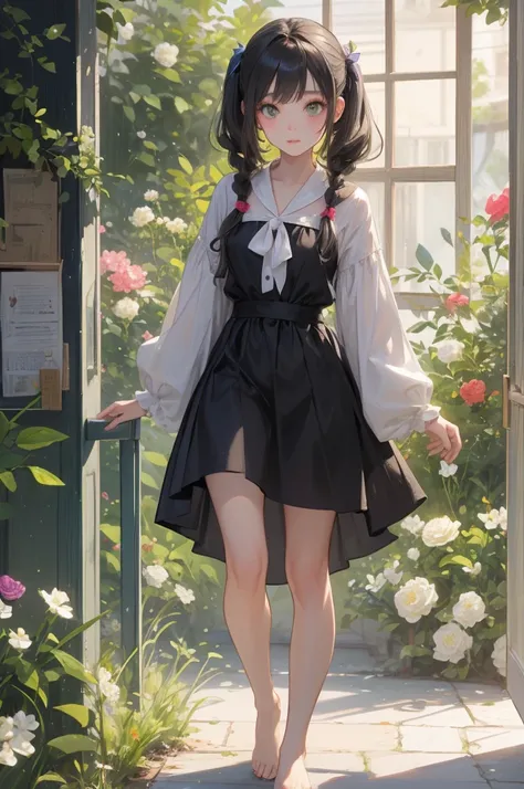  She's a girl with green eyes with eyes shaped like flowers,  She has long curly hair tied in pigtails , Her hair is gray with black highlights .   young girl with thin sleeves  ,  The skirt of her dress has / various flowers at the tips 、She walks barefoo...