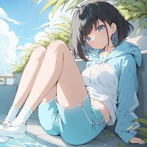 master piece,school girl, Having a date at the aquarium、Petite Height, medium breasts, blue eyes,  break black hair, medium bob hair, asymmetrical hair, tucked behind ears, hair intakes, single and thin sidelock, Wispy bangs break black hoodie、Light blue s...