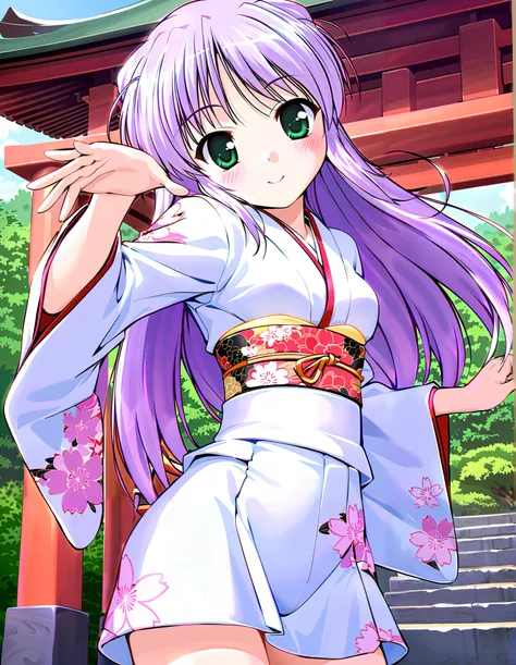 feena fam earthlight, Alone, (cowboy shot), green eyes, long hair, purple hair,  small breasts, (Cute Japanese clothes), ( cute pose), (Red cheeks:1.2), (bright smile:1.1), (shrine), (morning),  score_9,  score_8_superior,  score_7_superior,  source_anime,...