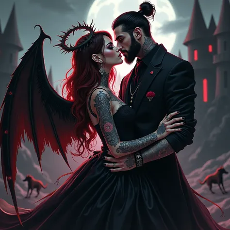 A anime cartoon of a pale red and black ombre haired curvy goth with full body tattoos and tunnel gauges in her ears, facial piercings and tattoos and shes got hazel eyes and extra long black acrylic nails with gothic styled vampire makeup she is wearing a...