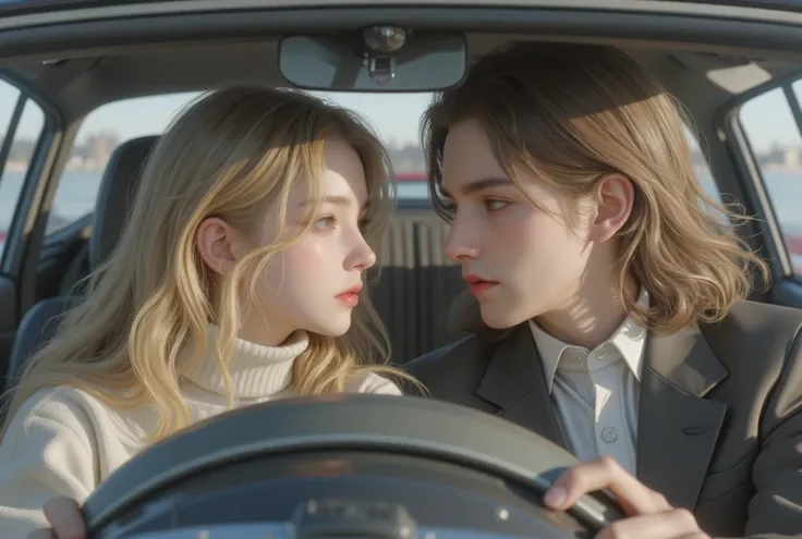   girl, sixteen years old,  driver with blond long hair and brown eyes , in a turtleneck , in the car, he gently looks at a blond Russian guy with a long hair and a suit about twenty-nine years old 