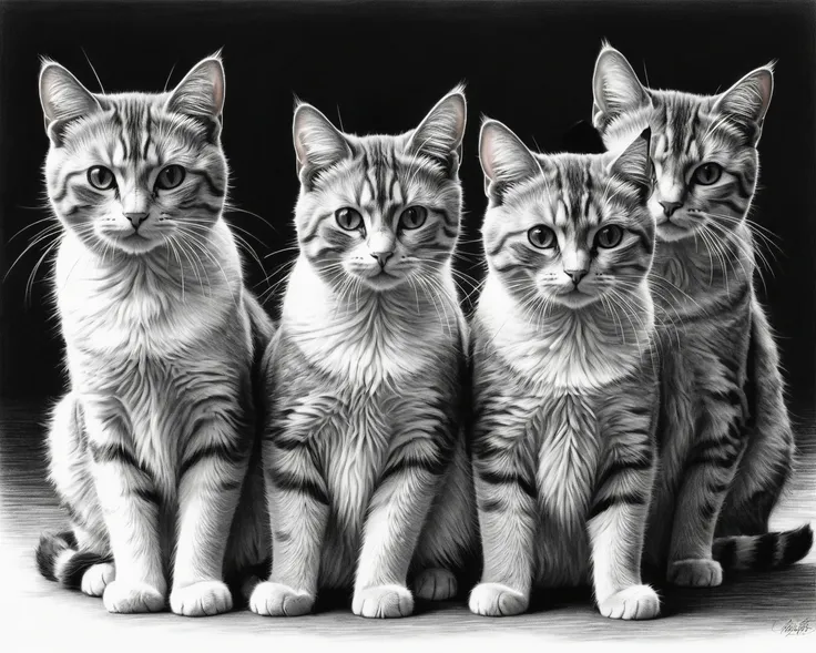 Create the image of three cat spirits without color, charcoal style, in black and white pencil, with high realism, high detail, high quality, high definition, high drawing quality, extreme realism, ultra-realism, HD 8k, 3D, lighting, brightness and everyth...