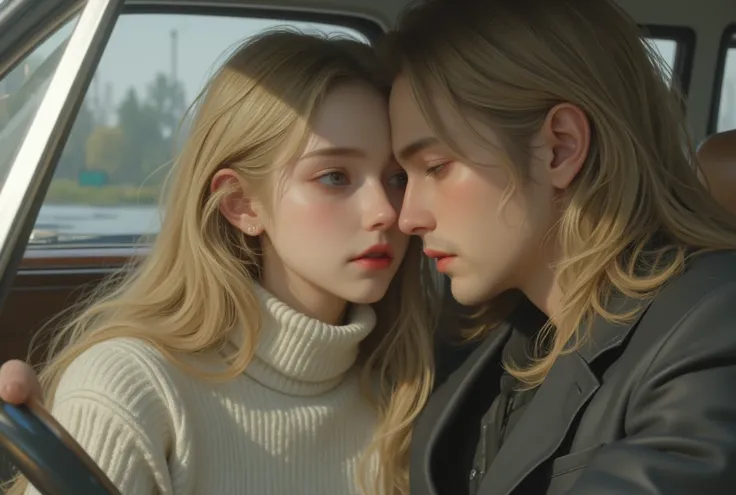   girl, sixteen years old,  driver with blond long hair and brown eyes , in a turtleneck , in the car, he gently looks at a blond Russian guy with a long hair and a suit about twenty-nine years old 