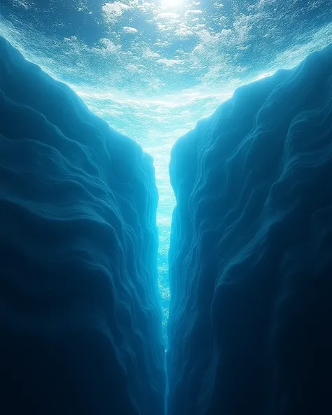 An underwater scene depicting a massive glacier or ice shelf cracking, with large fissures forming across the ice. The ice is a vibrant, translucent blue, and the cracks are glowing with a bright white light. From the fissures, powerful soundwaves radiate ...