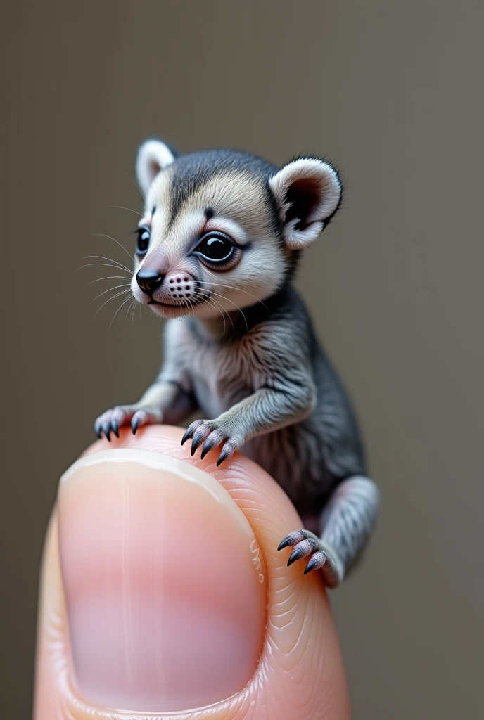 The smallest human cub in the world  , : , sitting on someone's female finger  ( Beautiful manicure  ),  undoubtedly charming and adorable .   The photo is incredibly realistic  , ,  captures the tiny features of a petite girl with high accuracy.