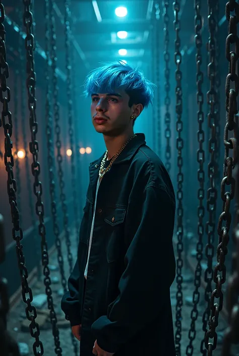 Me young male as a trap singer with chains and blue hair