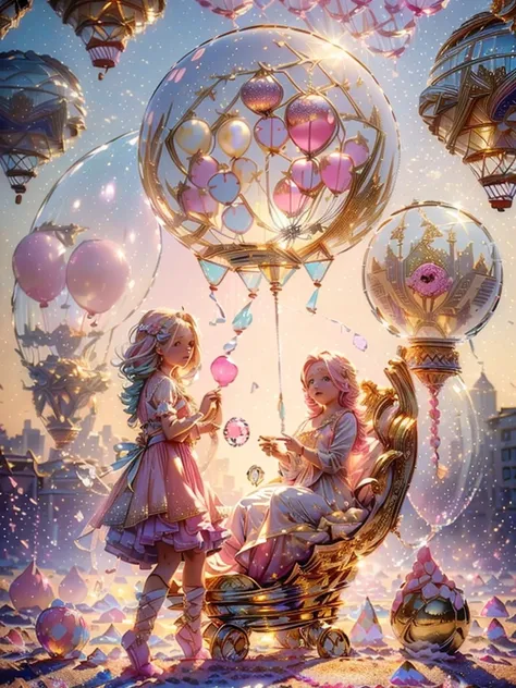 (beautiful highly detailed :1.5),( dressed in pastel pink tones, pastel colored balloons, golden stars falling from decorations ,Trapped in a crystal ball flying over the city: 1.7), (beautiful image,  perfect girl, magical, idyllic, of dreams: 1.5), ultra...