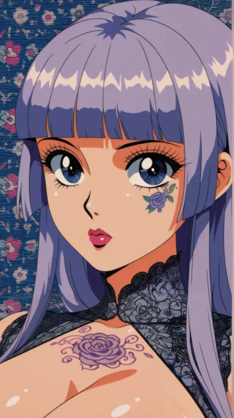 best quality, illustrator,anime, A mesmerizing surreal illustration of a young japanese woman. She has pastel purple hair with blunt bangs, blue eyes, and wears a vibrant purple and blue pastel colored outfit adorned with intricate floral patterns. bold, c...