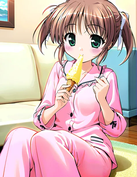 Asagiri Mai_3age, Alone, (cowboy shot),  brown hair ,  short hair while on a business trip,  hair ribbon, twintails,  green eyes,  small breasts, ( cute pajamas), ( cute pose), ( eating ice cream), (Red cheeks:1.2), (bright smile:1.1), ( is sitting), ( liv...