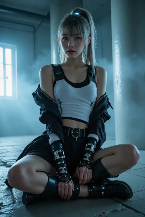 (nsfw:1.2), Masterpiece,  best quality ,  surreal,  creating an image of a beautiful young Japanese woman who embodies futuristic fashion art. 18 years or older,  The scene is、 best quality でリアリズム ,  is sitting,  bottom , She has a super thin waist, Medium...