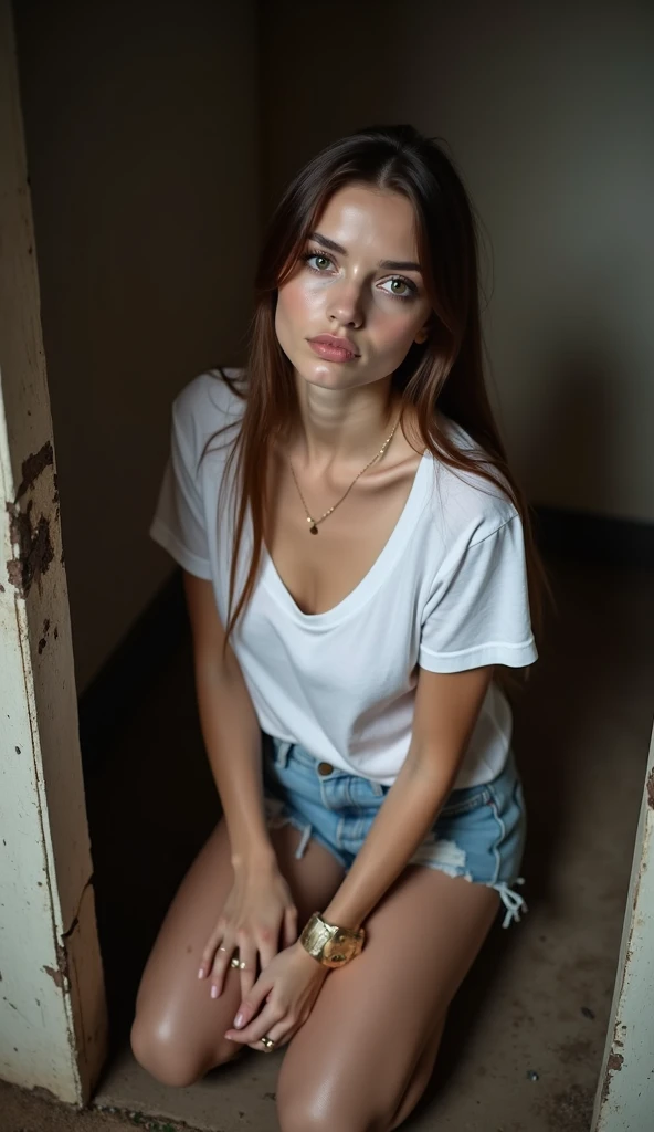 sad face (entirely visible from head to toes) straight hair french girl white brunette cute doll  face 18 years old, aux cheveux plaqués très lisses hazel châtain caucasian model, eyelash, makeup, pale beautiful casual girl shy, effrayée belle face, magnif...