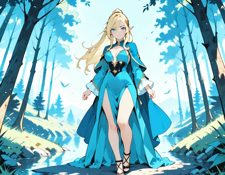 a portrait of a female elf vampire traveling on the forest road, an exquisite beautiful female elf (ultra details, Masterpiece, best quality), blond hair, small pointed ears,  pale skin, hair in a ponytail, long hair, blue eyes, smirking, wearing black sil...