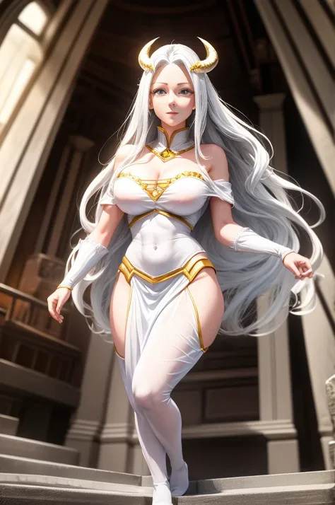 (best quality, 4k, 8k, highres, masterpiece:1.2), ultra-detailed, realistic, photorealistic:1.37, Mirajane Strauss, Full body picture of (Mirajane) wearing detailed Albedo white and golden partially see-through sexiest attire, Albedo horns and feathered wi...