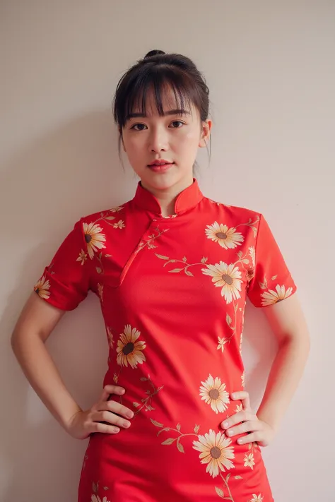 An 20-year-old beautiful and cute asian woman with a good figure, and A-cup breasts. She sexy pose in a wearing a red qipao with a pattern of reddish-brown and pale yellow flowers.studios,the photograph