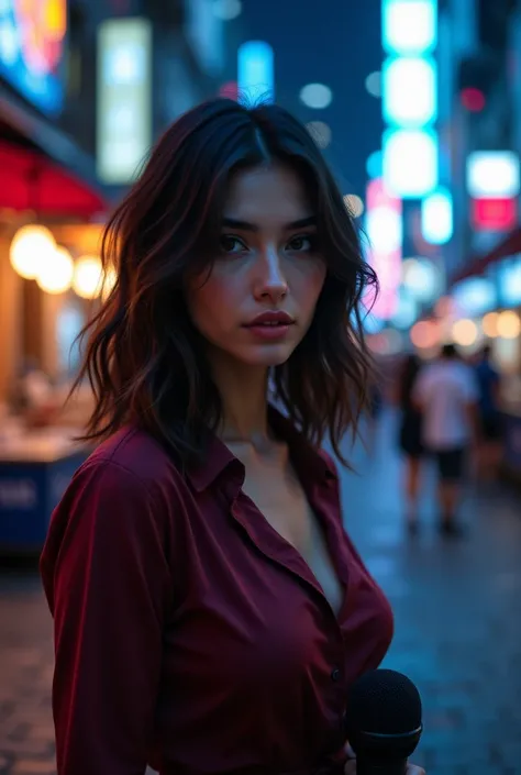 Close-up of a mesmerizing female journalist with a stunning body wearing a fitted burgundy blouse with a bold V-neckline. a padded microphone held close to her lips, her expression a mixture of intrigue and determination. Her shoulder-length hair is styled...