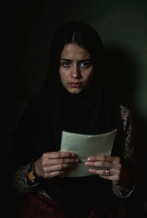 Samra, in a dimly lit room, stares at a letter or a piece of fabric in her hands. Her expression is heavy with emotion, and a tear rolls down her cheek. The background suggests a sense of solitude and quiet sorrow, symbolizing the societal constraints she ...