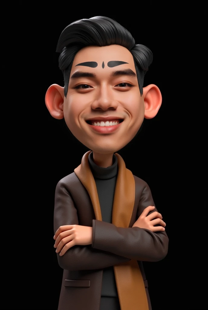 Realistic 3D caricature big head, 30 year old Indonesian man, ideal height, thin face shape, slightly fat, handsome, slanted eyes, faint smile, wearing a shawl on his shoulders, clearly visible body position, black background, using lighting.