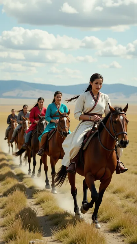 A group of Mongolian women, embodying the essence of their nomadic lifestyle, constantly on the move and always in top physical condition. They are riding swift horses across the vast steppe, their traditional deels fluttering in the wind, reflecting their...