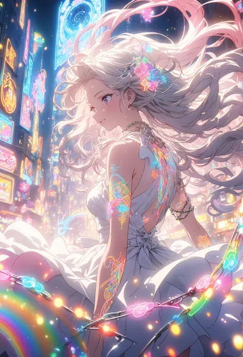  animated screenshot ,  An artistic illustration of a female anime character , The body is adorned with glowing neon flowers and a spiral chain tattoo.  The tattoo on the arm is a mix of white and red ,  A rainbow and white light , Emits neon lights .  wit...