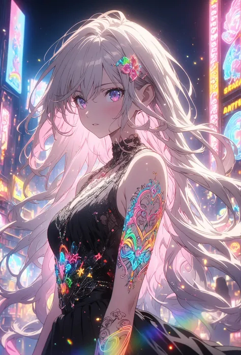  animated screenshot ,  An artistic illustration of a female anime character , The body is adorned with glowing neon flowers and a spiral chain tattoo.  The tattoo on the arm is a mix of white and red ,  A rainbow and white light , Emits neon lights .  wit...