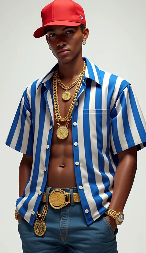  me young male with a rapper style wearing gold chains, red cap and a blue striped shirt , with diamond rings