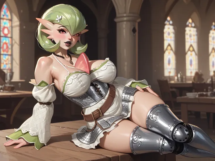 gardevoir, white skin,  beautiful, detailed eyes ,  pretty face ,  black lips,  large visible breasts , pene visible,  metallic bodice dress ,  short skirt medieval fabric , black necklace , metallic belt ,  thigh-length metallic boots,  big boobs visible ...