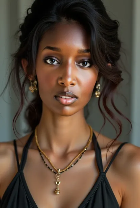 Curly hair; smooth, radiant dark-brown skin; expressive almond-shaped eyes; defined face; full lips; graceful, toned body; sleek, modern style; subtle traditional jewelry. sexy college clothes